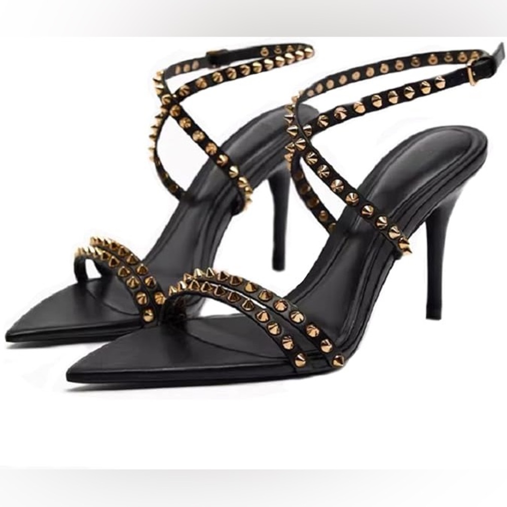Zara Black Studded Strappy Heels Sz 38